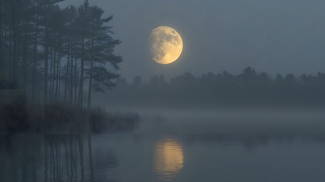 Misty forest landscape under a full moon illuminating the night sky,Cinematic Fantasy Scene