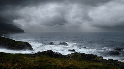 Obraz premium Stormy seascape with dark clouds over the rough ocean waves crashing against the rocky coast
