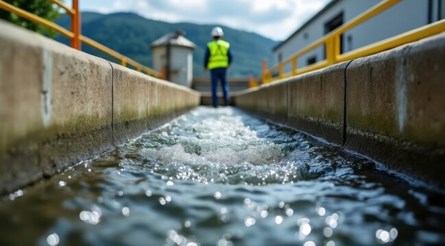Worker overseeing water flow in industrial treatment facility