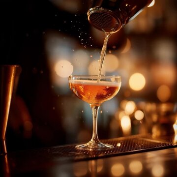 close-up of a stylish bartender pouring a vibrant cocktail from a shaker into a sleek cocktail glass, focus on the glass and liquid stream, elegant lighting reflecting off the glass surface, drops spl