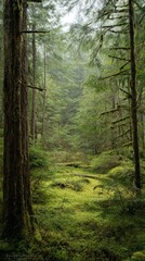 Obraz premium A tranquil Pacific Northwest forest showcases bright green moss carpeting the ground, surrounded by towering trees and a soothing atmosphere on an overcast day