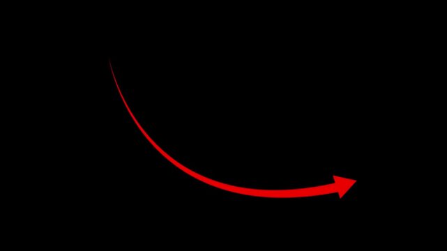Business graph chart with down trend arrow icon animation. red color animation on black background.