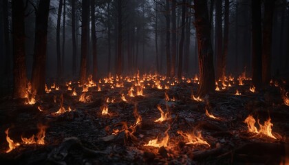 Obraz premium Numerous small fires ignite forest floor in dramatic night scene. Trees stand silhouetted against intense orange glow of flames, smoke. Ground covered in burning embers, charred debris, creating