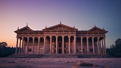 Fototapeta premium Magnificent classical building stands in the warm glow of a sunset, showcasing architectural brilliance.