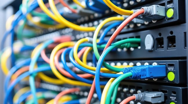 Colorful network cables connected to server racks in a data center