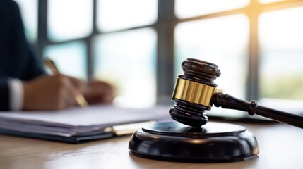 Fototapeta premium The gavel and legal documents reflecting courtroom proceedings and professionalism.