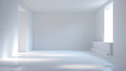 A modern, minimalist interior design with a bright, white, and empty room.