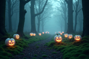Jack-o'-Lanterns in a Dark Woods with Eerie Mist.