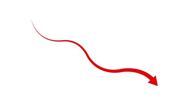 Business graph chart with down trend arrow icon animation. red color animation on black background.