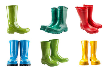 Collection of Rubber Rain Boots in Various Colors on Transparent Background
