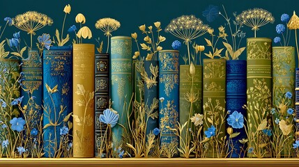 A captivating bookshelf adorned with vintage books and delicate wildflowers, creating a whimsical and enchanting atmosphere for book lovers and nature enthusiasts