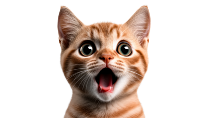Curious orange tabby kitten with wide eyes on transparent background