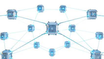 Decentralized network of interconnected nodes forming a distributed system for secure data transfer and storage, isolated on transparent background