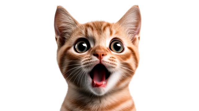 Curious orange tabby kitten with wide eyes on transparent background