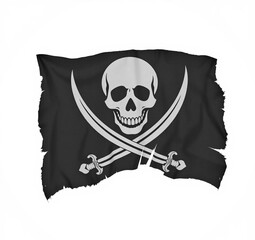 Tattered pirate flag illustration featuring skull and crossbones on black background.  Worn, torn edges, monochrome graphic of Jolly Roger symbol. Digital illustration, design element.