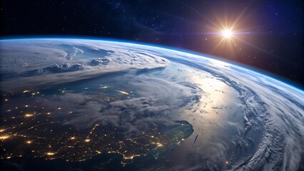 Obraz premium Earth sunrise glowing sun space stars