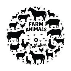 Fototapeta premium Farm animal silhouettes in a circle with grass elements