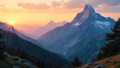 Majestic mountain range at sunrise, perfect backdrop for hunting scenes Crisp air, untouched wilderness, ideal for adventurous themes Stunning vista, rugged peaks, wildlife habitat , rugged, habitat