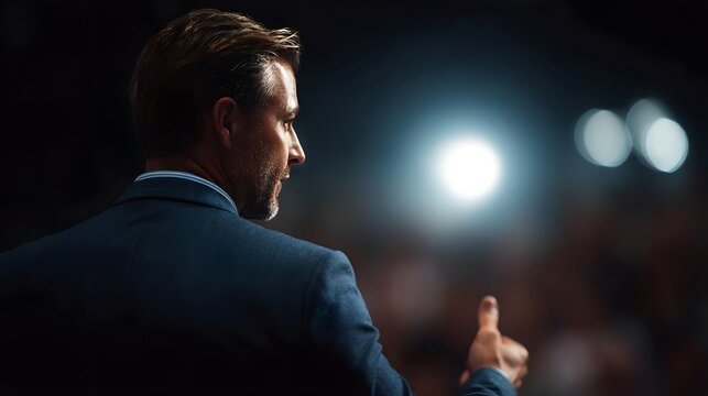 Confident business leader presenting on stage under dramatic lighting