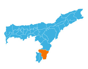 Cachar District highlighted on Assam state map, India
