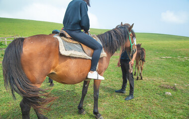 Caucasian young girl horse riding in the fields.