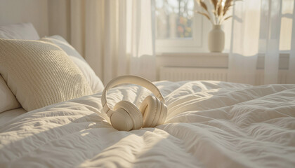 noise canceling headphones on bed