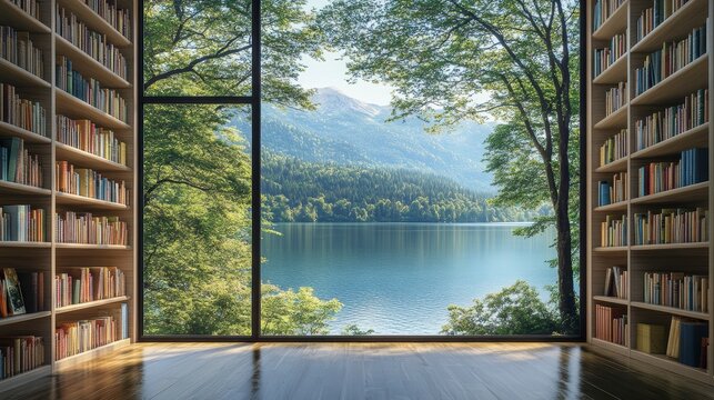 Serene library with large window overlooking a tranquil lake and mountain landscape.
