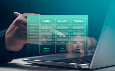 SaaS pricing plan, subscription model, digital comparison table, user consideration, product evaluation, package feature matrix, plan options monthly cost, SaaS Plan Comparison, Customer Consideration