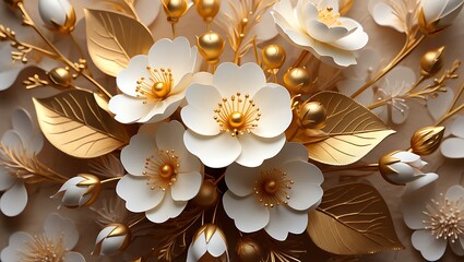 Luxurious close-up of vibrant white flowers with golden centers and metallic leaves in a dense cluster