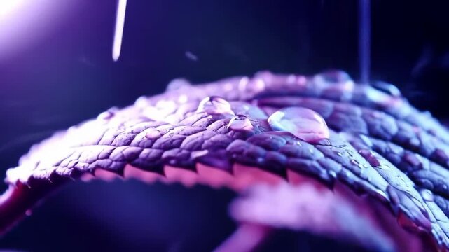 Macro close-up of a luminous purple leaf undulating gently in a soft breeze, photorealistic, with dynamic veins, dew, and shimmer