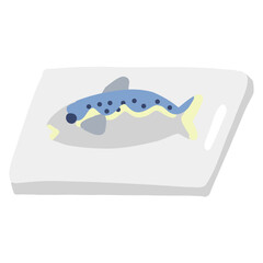 手書きの「まな板,魚」