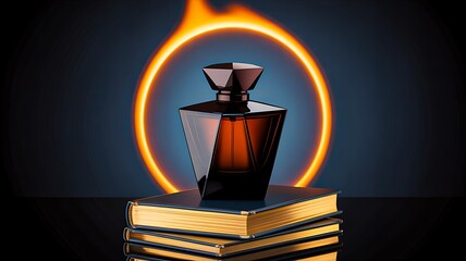 Luxury perfume bottle with fiery glow displayed on classic stacked books