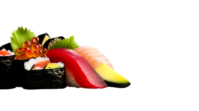 Colorful sushi with fresh fish and rice on a clear background