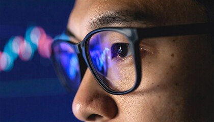Dramatic close-up of trader?s eyes reflecting stock graphs in a cinematic dark environment