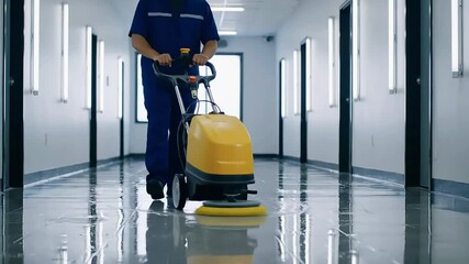 Dedicated cleaner polishes gleaming hallway floor with professional floor machine, ensuring pristine workplace.