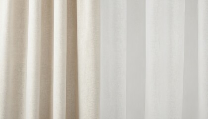 Obraz premium Textured linen curtains in light cream provide soft natural look. Clean pleats, smooth edges create minimalist rustic appearance. Isolated on transparent background, fabric offers clean, sharp focus.