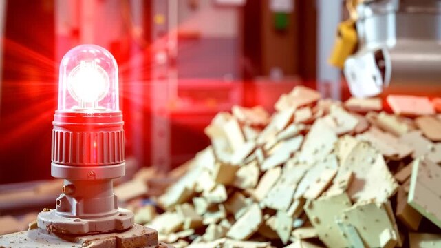 Warning Beacon in Industry: An urgent red beacon light casts an intense glow over a scene of industrial activity, suggesting danger or an important alert.