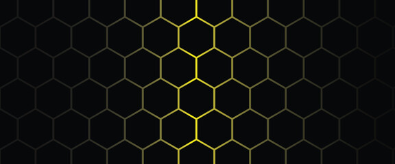 Modern dark hexagon pattern with glossy yellow border combined with elegant geometric background for luxury, technology, architecture and futuristic design concepts.
