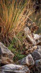 Obraz premium Colorful native plants thrive among the rugged rocks in the Texas landscape. This area reflects the unique beauty of the region's natural flora and rugged terrain at dawn