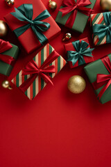 Festive vertical Christmas gifts with elegant bows and decorations arranged on a vibrant red surface