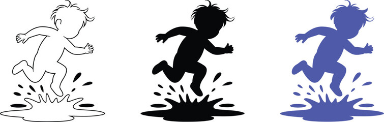 Naklejka premium A child jumping in a puddle shown in three different styles outline silhouette and blue solid fill design