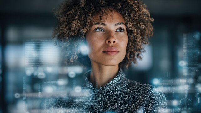 A young woman stands in a contemporary office, thoughtfully looking at digital data overlay. High-tech visuals surround her, showcasing her engagement with innovative concepts