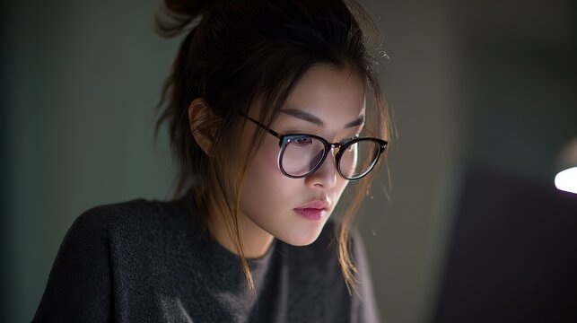 A focused young woman with glasses working on her laptop in casual attire at night and staying up all night in the office, her professional focus accentuated by low contrast and clear, clean focus. - Powered by Adobe