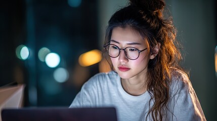 A focused young woman with glasses working on her laptop in casual attire at night and staying up all night in the office, her professional focus accentuated by low contrast and clear, clean focus.