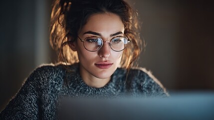 A focused young woman with glasses working on her laptop in casual attire at night and staying up all night in the office, her professional focus accentuated by low contrast and clear, clean focus.
