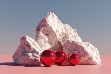 White rocks and red orbs on a pink surface