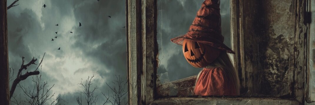 A whimsical scarecrow gazes through an ancient window, evoking Halloween's mysterious charm and Samhain's eerie whispers
