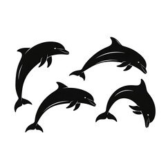 Fototapeta premium A set of four different dolphin silhouettes in dynamic swimming and jumping poses on a clean white background.