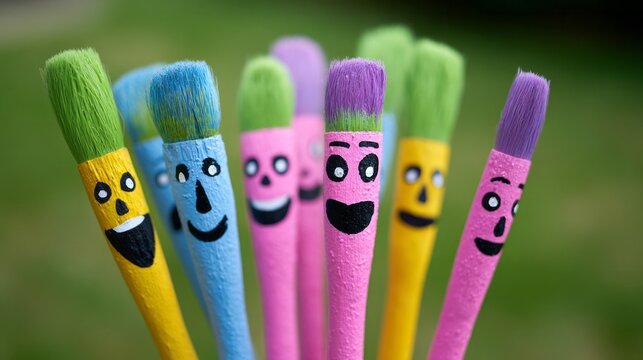Joyful paintbrush parade celebrating World Art Day and Smile Power Day, vibrant colors with whimsical, animated faces