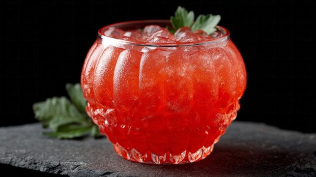 Refreshing crimson elixir in a pumpkin-shaped glass, conjuring festive allusions to Samhain rituals and Dia de los Muertos